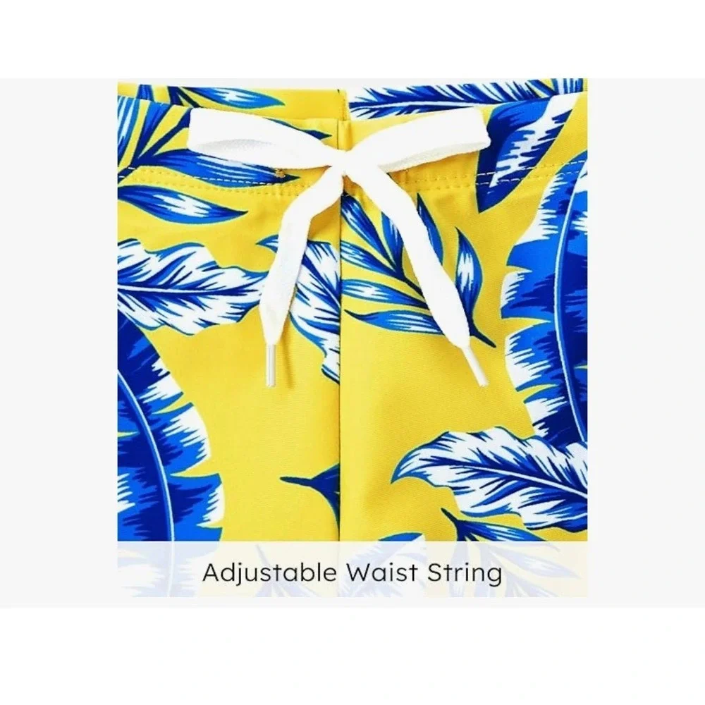 Men's Large Yellow Blue Tropical Leaf Swim Trunks Elastic Drawstring‎ Pockets
